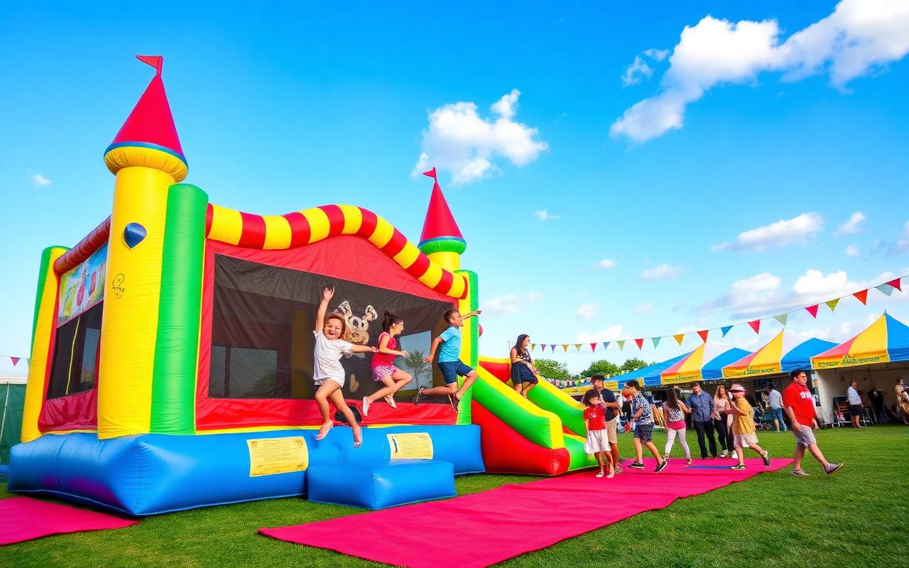 Große bunte Themen-Hüpfburg mit Rutsche auf einem Sommerfest