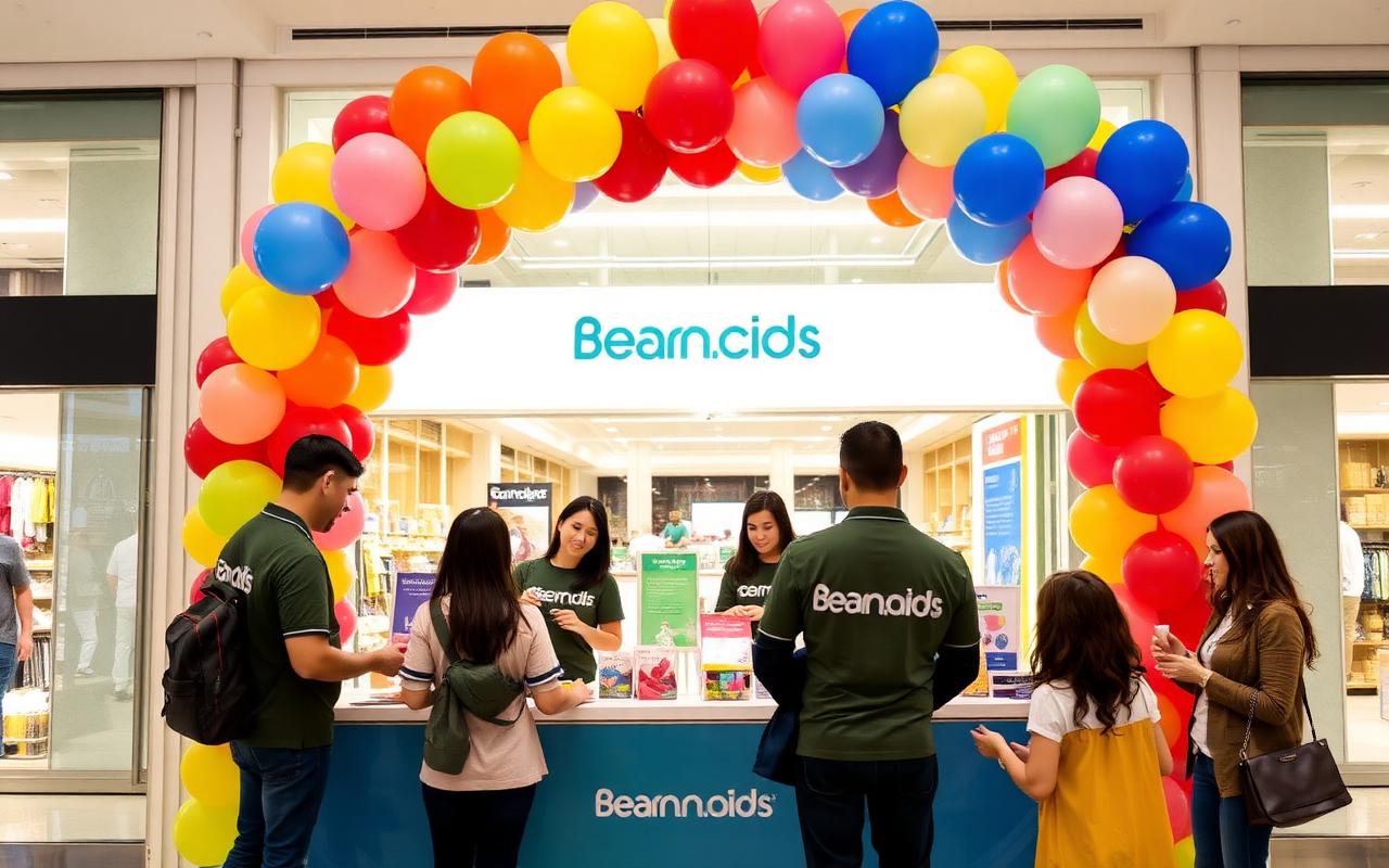 Branded Promotion-Stand mit Ballonbogen und geschultem Personal