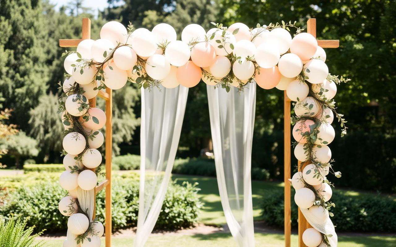 Organische Ballongirlande in Pastelltönen über einem Holz-Hochzeitsbogen